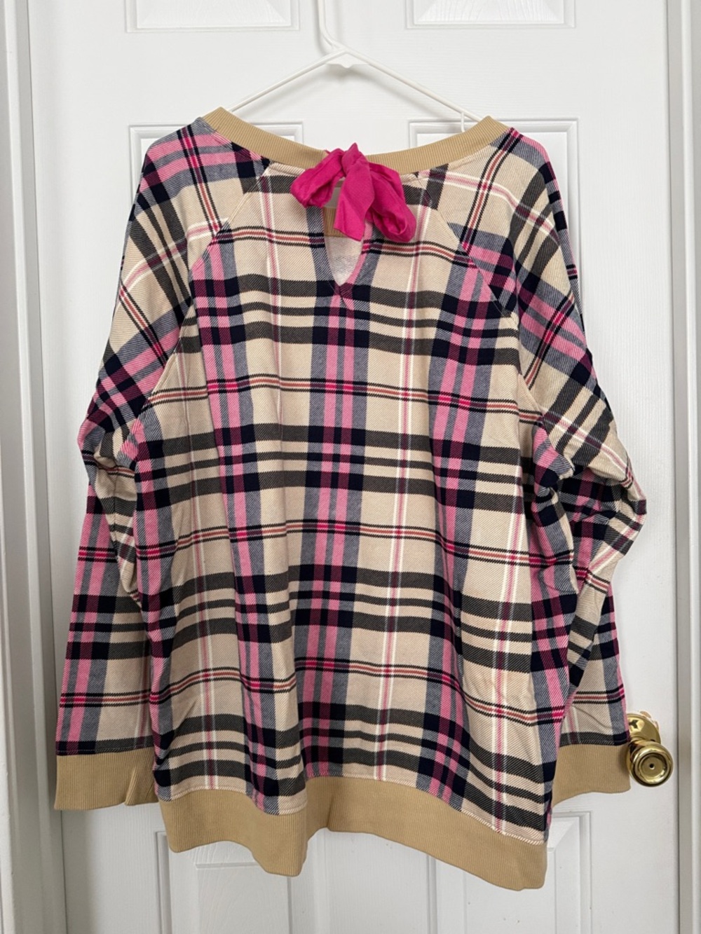 crown & ivy Women’s Tan Navy Blue Pink Plaid Bow Back Sweatshirt Size 3X - Picture 8 of 9